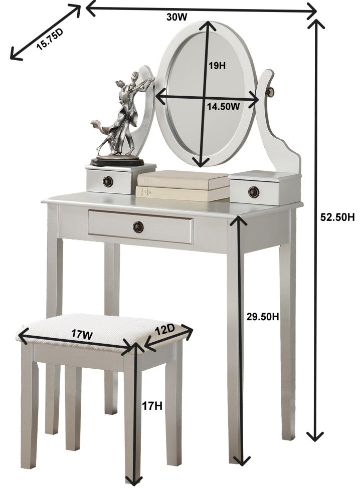 Gewnee Moniys Wood Moniya Makeup Vanity Table And Stool Set, Silver
