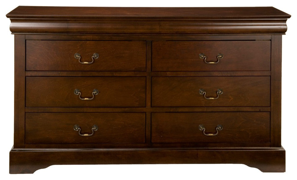Benzara BM171939 6 Drawer Wooden Dresser With Antique Pulls & Molded Top, Brown