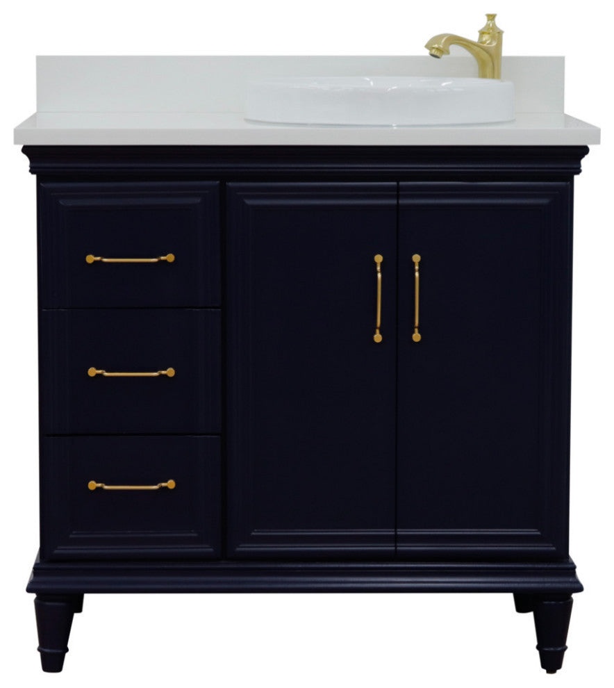 37" Single Vanity, Blue Finish With White Engineered Stone Top