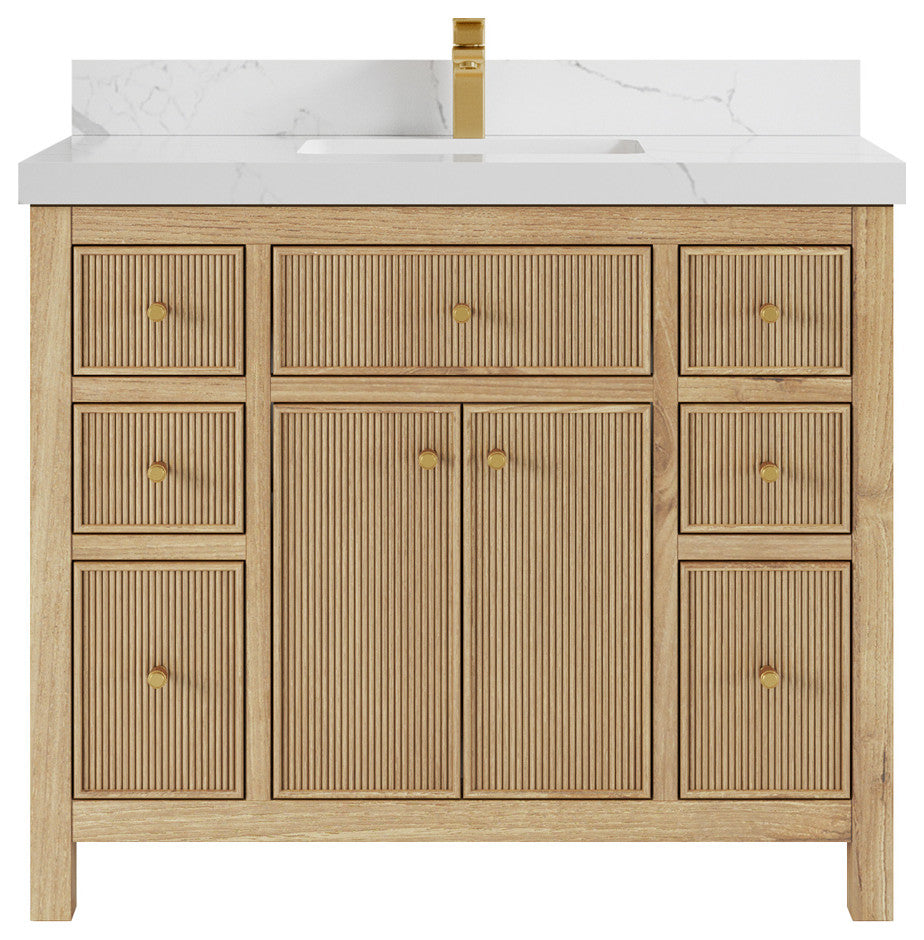 Sonoma 42 Single Sink Bath Vanity in Light Natural Teak with 2" Calacatta Laza