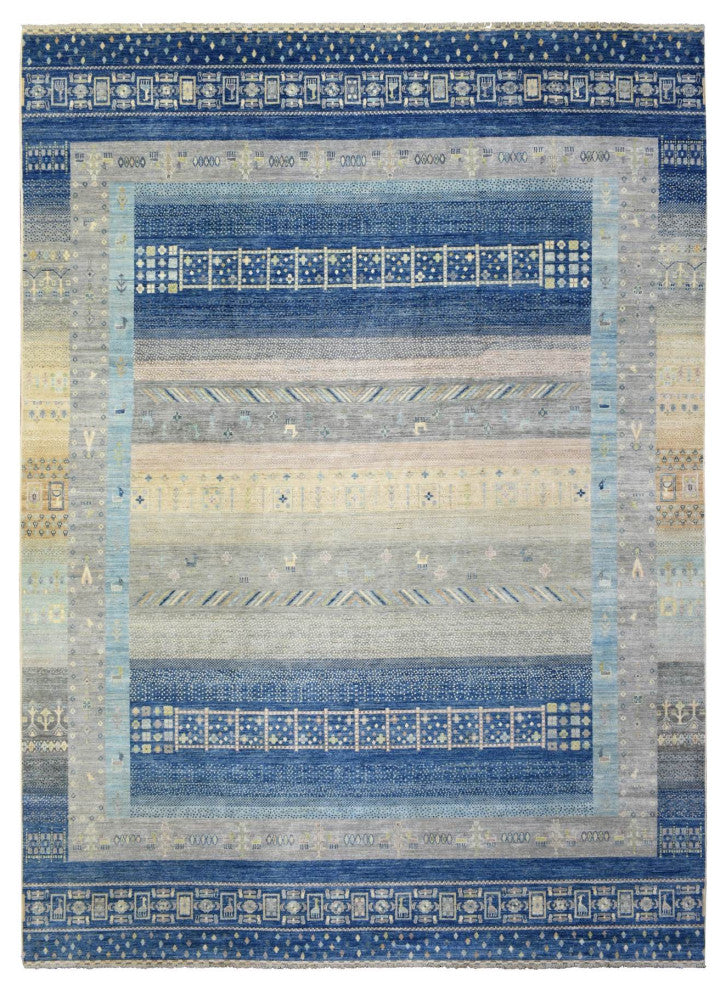 Denim Blue Afghan Kashkuli Gabbeh Design Pure Wool Hand Knotted Rug, 10'2"x13'7"