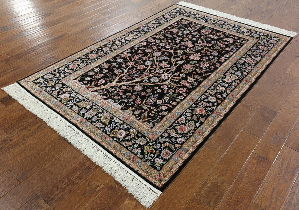 Black Authentic Persian Isfahan Tree of Life Hand Knotted Wool and Silk Rug, 5x7