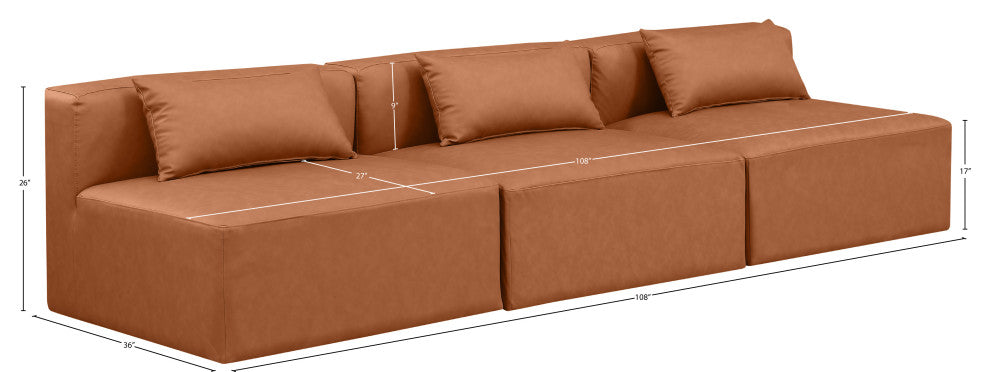 Cube Upholstered Modular Sofa, Cognac, 3-Piece: 3 Armless Chair, Vegan Leather