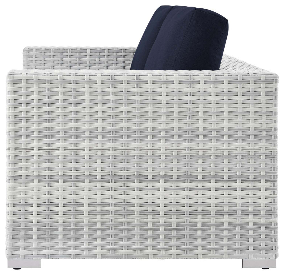 Lounge Loveseat Sofa, Rattan, Wicker, Gray Blue Navy, Modern, Outdoor Patio