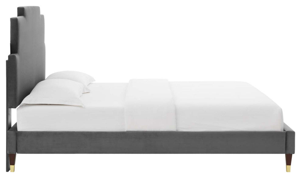 Platform Bed Frame, King Size, Velvet, Dark Gray, Modern Contemporary