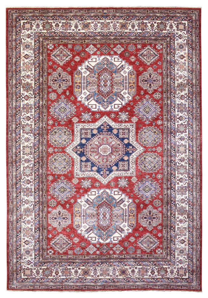 Tomato Red Afghan Super Kazak Pure Wool Hand Knotted Oriental Rug, 8'10"x13'0"
