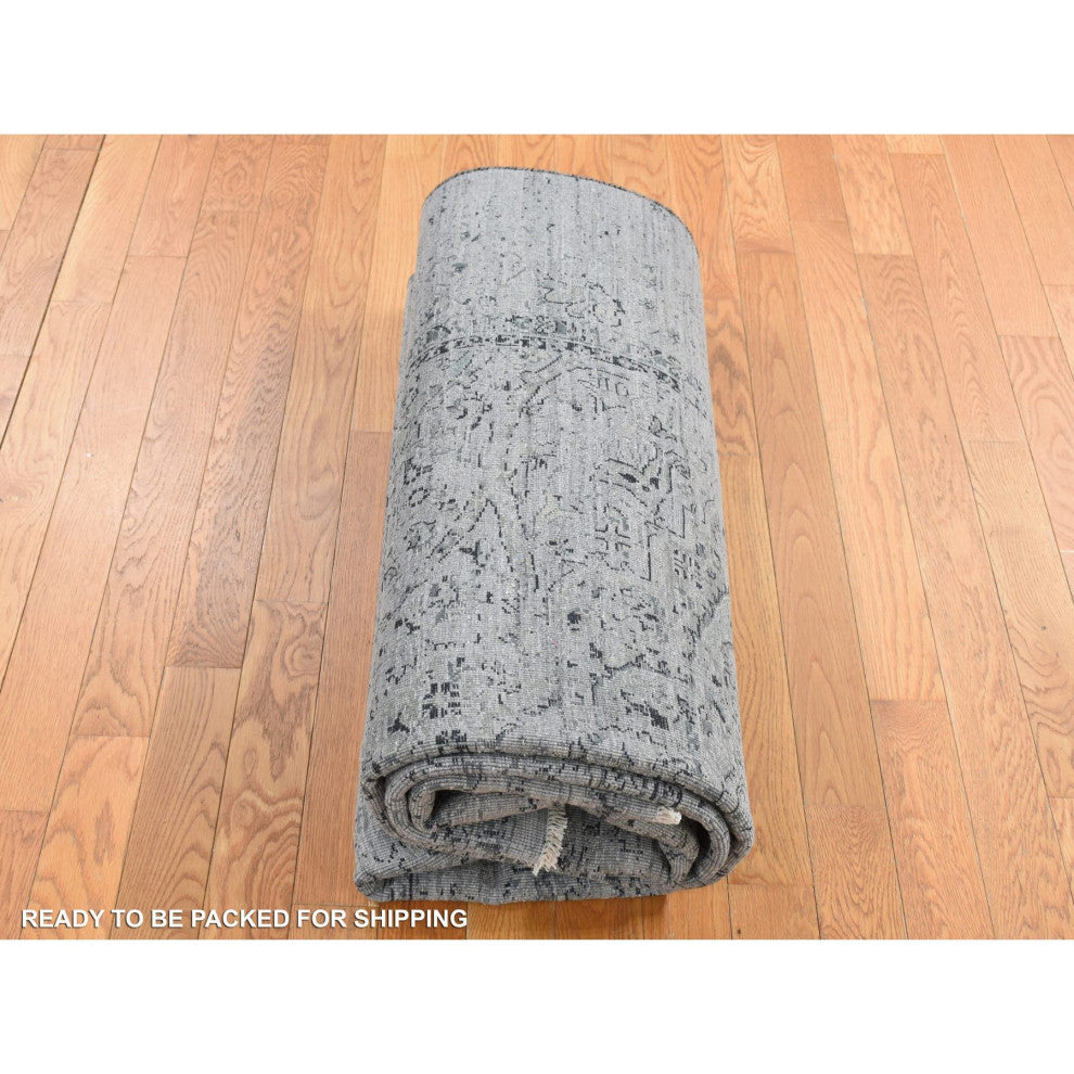 Gray, Broken Persian Erased Design, Silk With Wool Hand Knotted Rug, 6'x9'