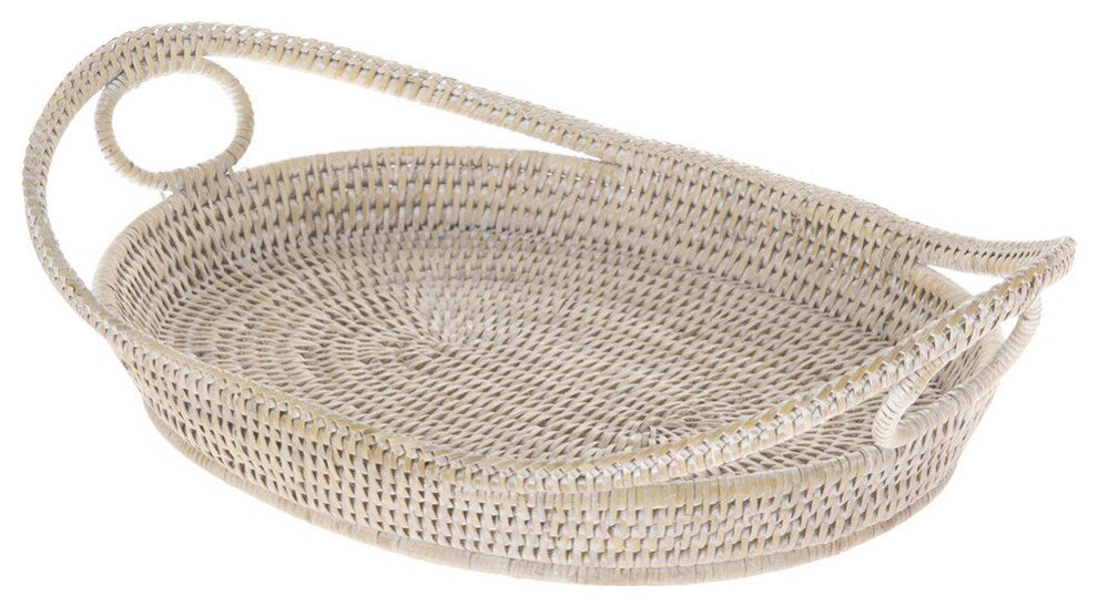 La Jolla Oval Rattan Tray With Looped Handles, White-Wash
