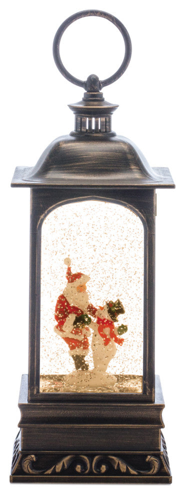 LED Snow Globe Lantern With Santa and Snowman 10.5"H