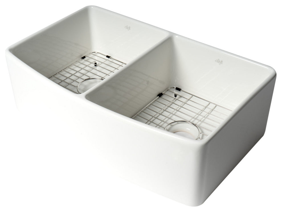 ALFI Brand ABFC3320D-W Smooth Curved Apron Two Bowl Fireclay Farm Sink with Gri