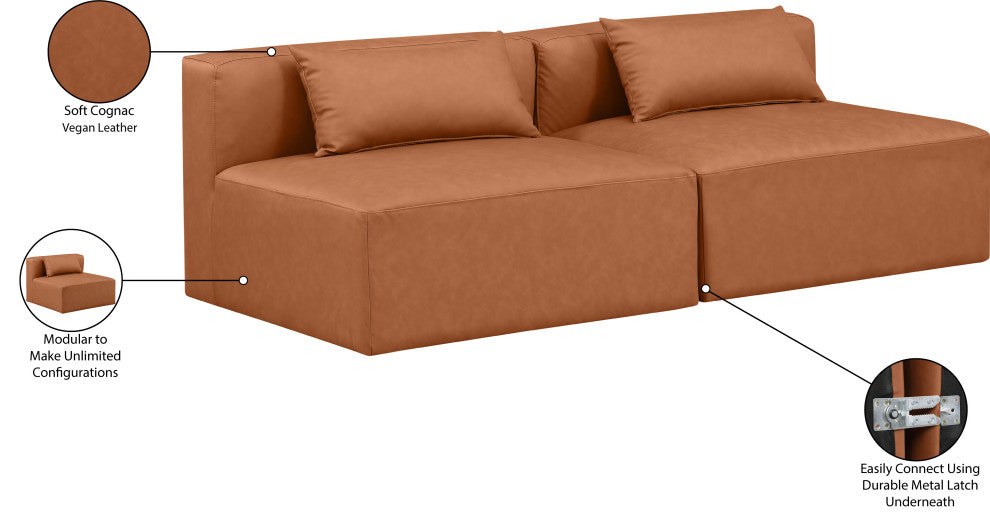 Cube Upholstered Modular Sofa, Cognac, 2-Piece: 2 Armless Chair, Vegan Leather
