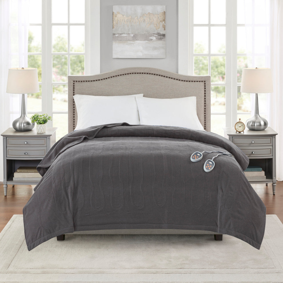 Beautyrest Knitted Micro Fleece Solid Textured Heated Blanket, Gray, King