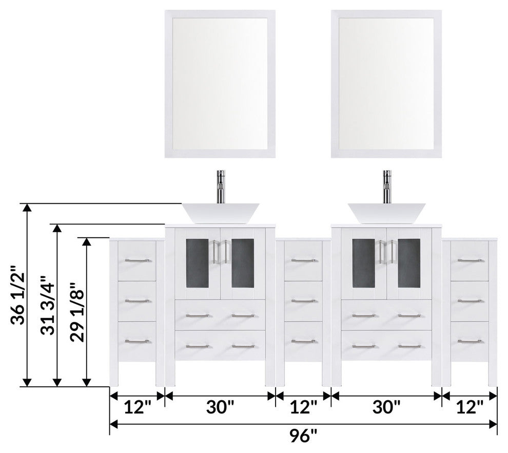 Modern Vanity Set With Two Sink Bases With Mirrors and Three Drawer Bases, White
