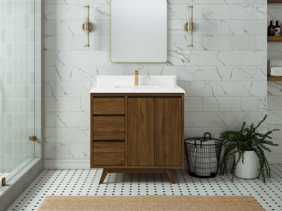 Madison Teak 36 Center Sink Bath Vanity in Dark Natural 1.5" White Quartz