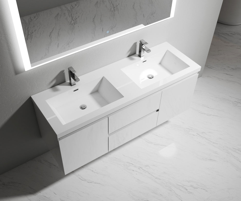 Alma-Pre Gloss White Double Sink Vanity With Integrated Sink, 60"