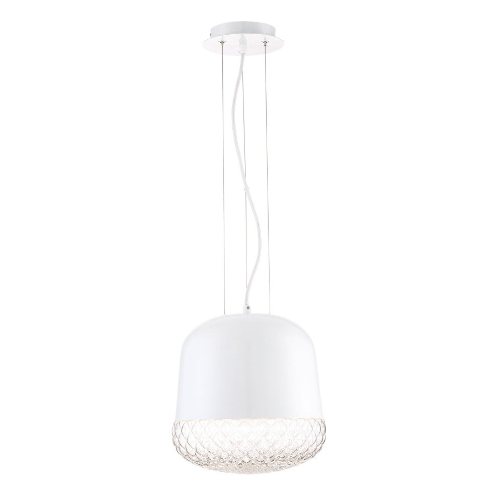 Corson Modern Light Pendant Polished White Metal Shade With Casted Weave Glass