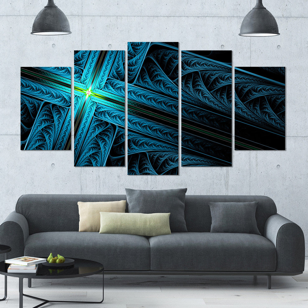 Turquoise Fractal Cross Design, Contemporary Canvas Art Print, 60"x32", 5 Panels