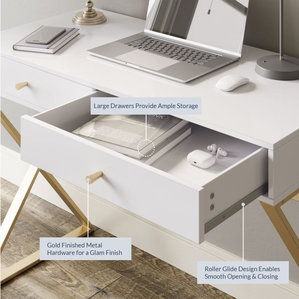 42" Home Office Writing Computer Desk, X-Shaped Legs, White