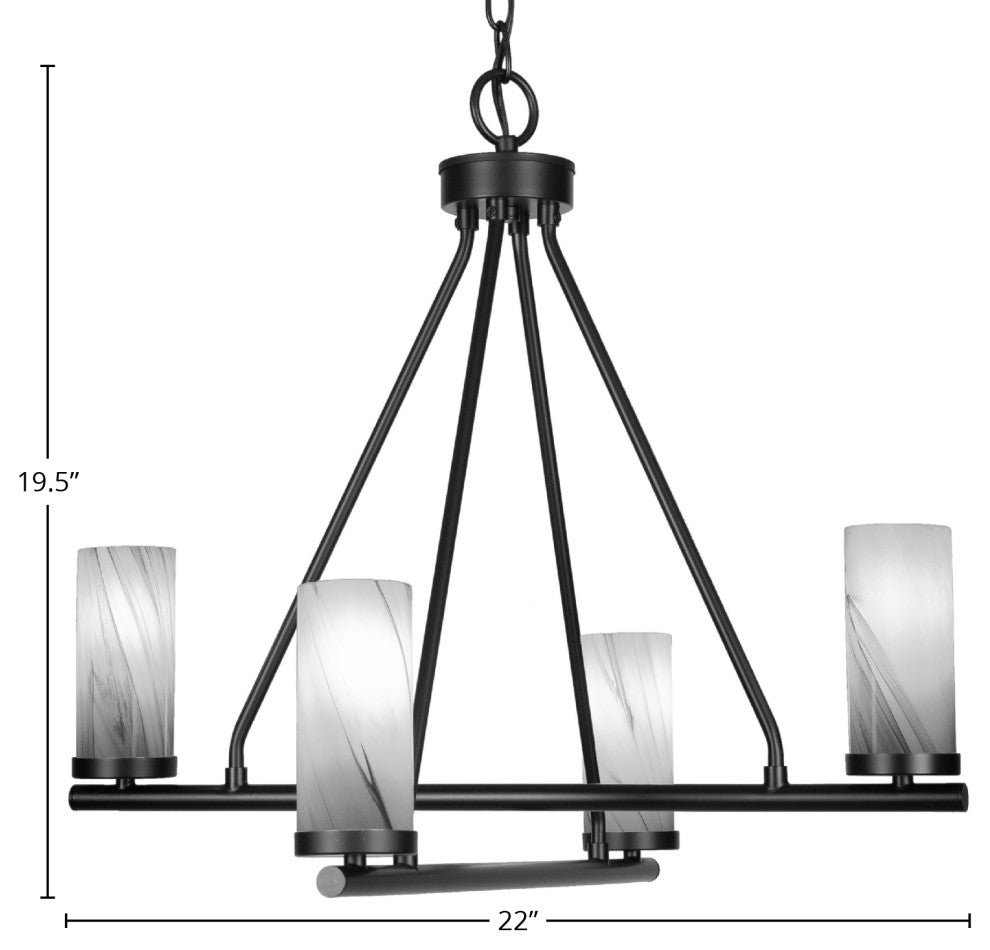 Trinity 4 Light Chandelier Shown, Matte Black Finish, 2.5" Onyx Swirl Glass