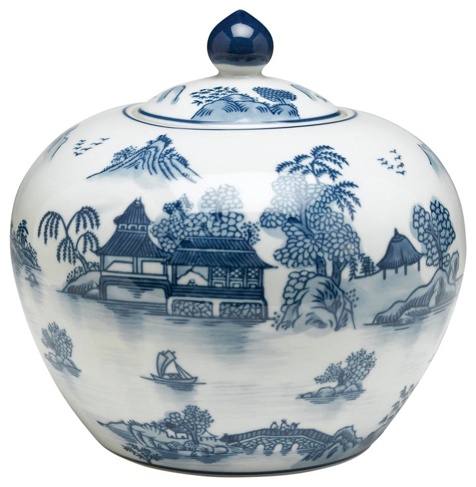 Blue and White Round Jar With Lid