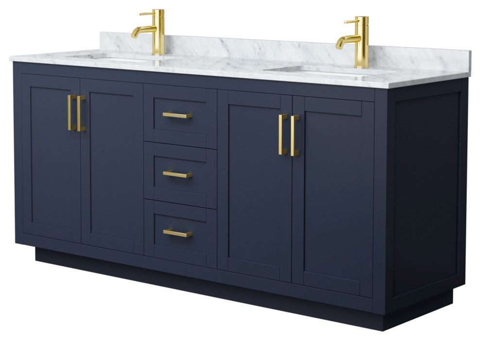 72" Double Bathroom Vanity, Dark Blue, Carrara Countertop, Sinks, Gold Trim