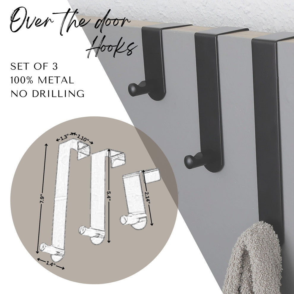 Over The Door Hooks - 3-Piece Door Hanger Set for Clothing and Accessories, Black