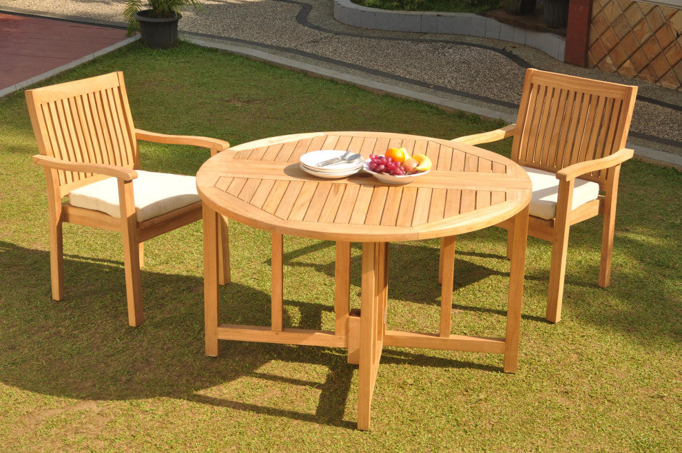 3-Piece Outdoor Teak Dining Set: 48" Butterfly Table, 2 Leveb Stacking Arm Chair