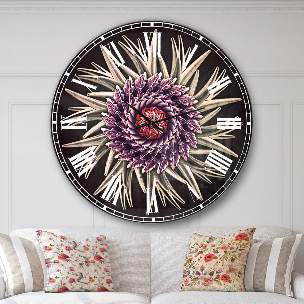 Purple Abstract 3D Flower On Black Flowers Metal Clock, 36x36