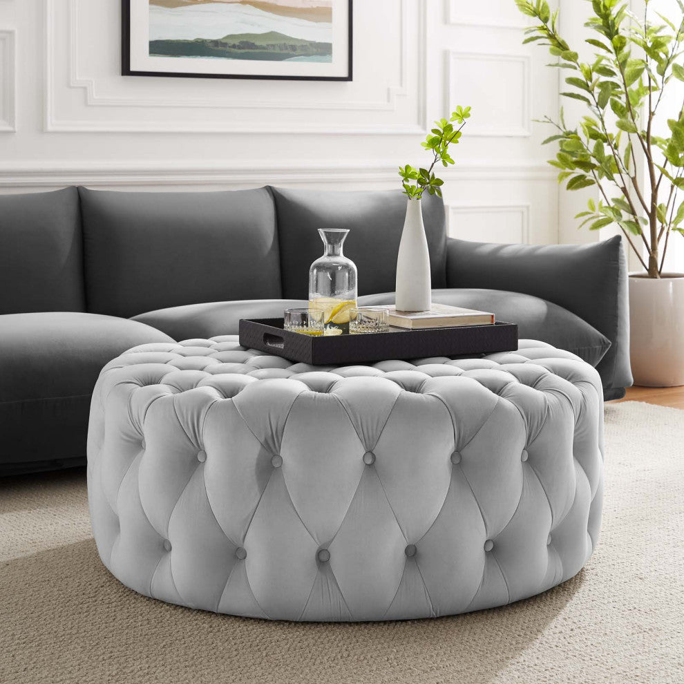 Round Ottoman Accent Tufted Chair, Gray, Velvet, Modern, Cafe Hospitality
