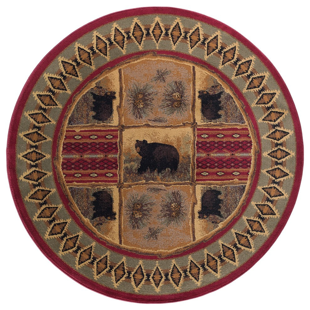 Sierra Bear Novelty Lodge Pattern Red Round Area Rug, 8' Round