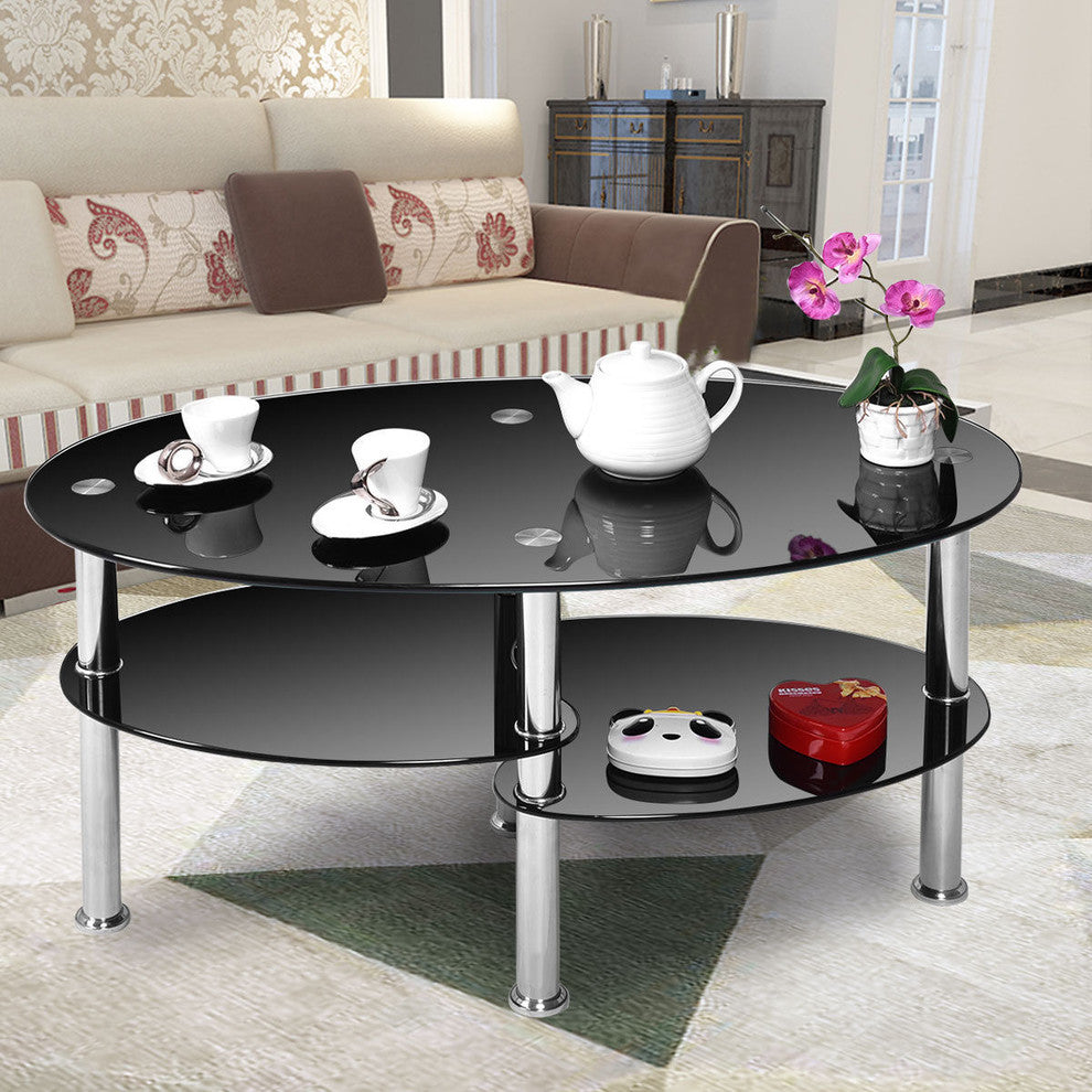Costway Tempered Glass Oval Side Coffee Table Shelf Chrome Base Living Room