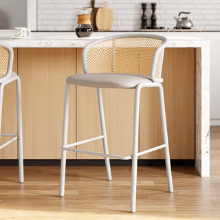 LeisureMod Ervilla Bar Stool With White Coated Steel Frame Set of 2, Beige