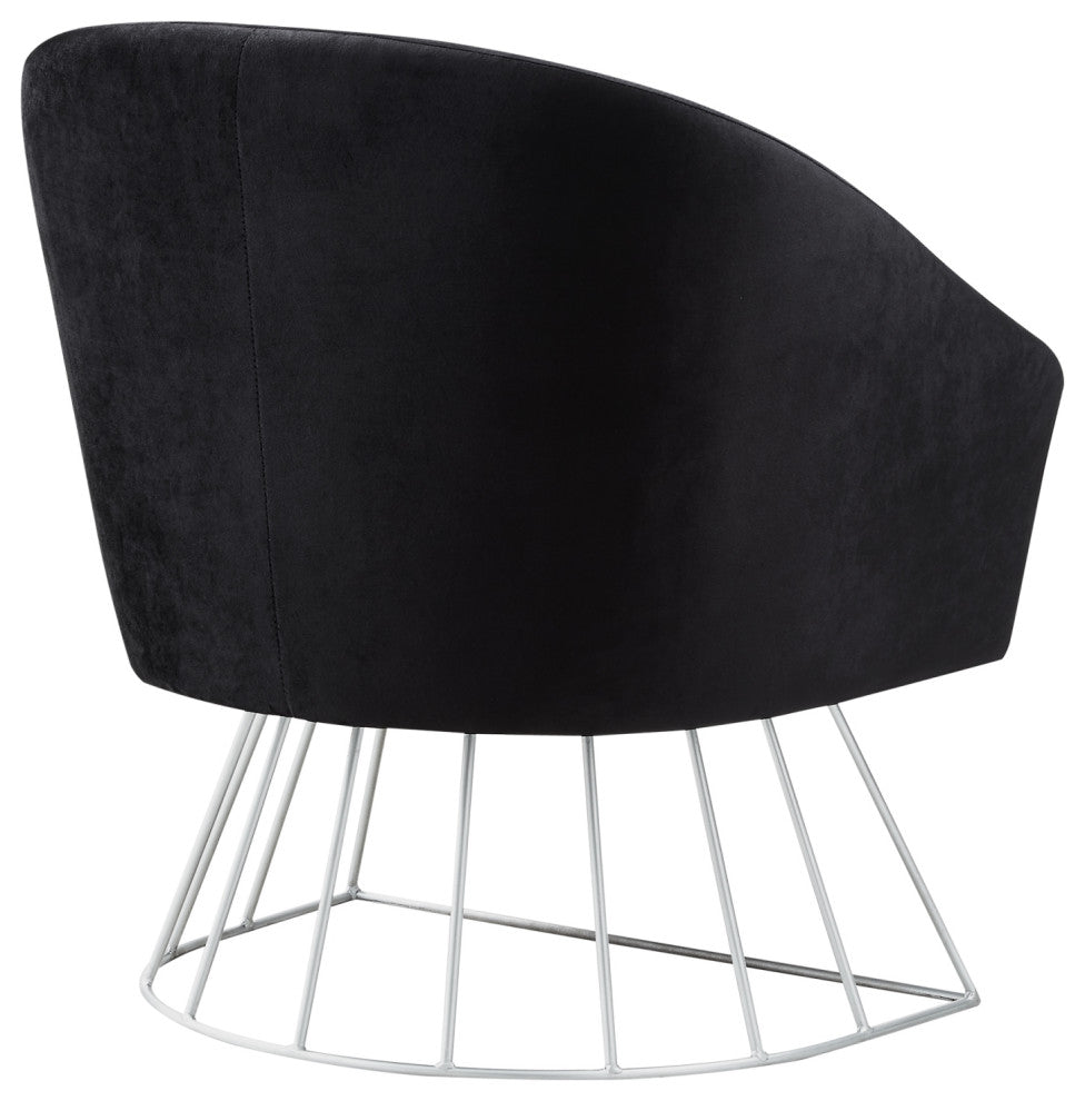 Alice Velvet Barrel Accent Chair With Metal Base, Black and Silver