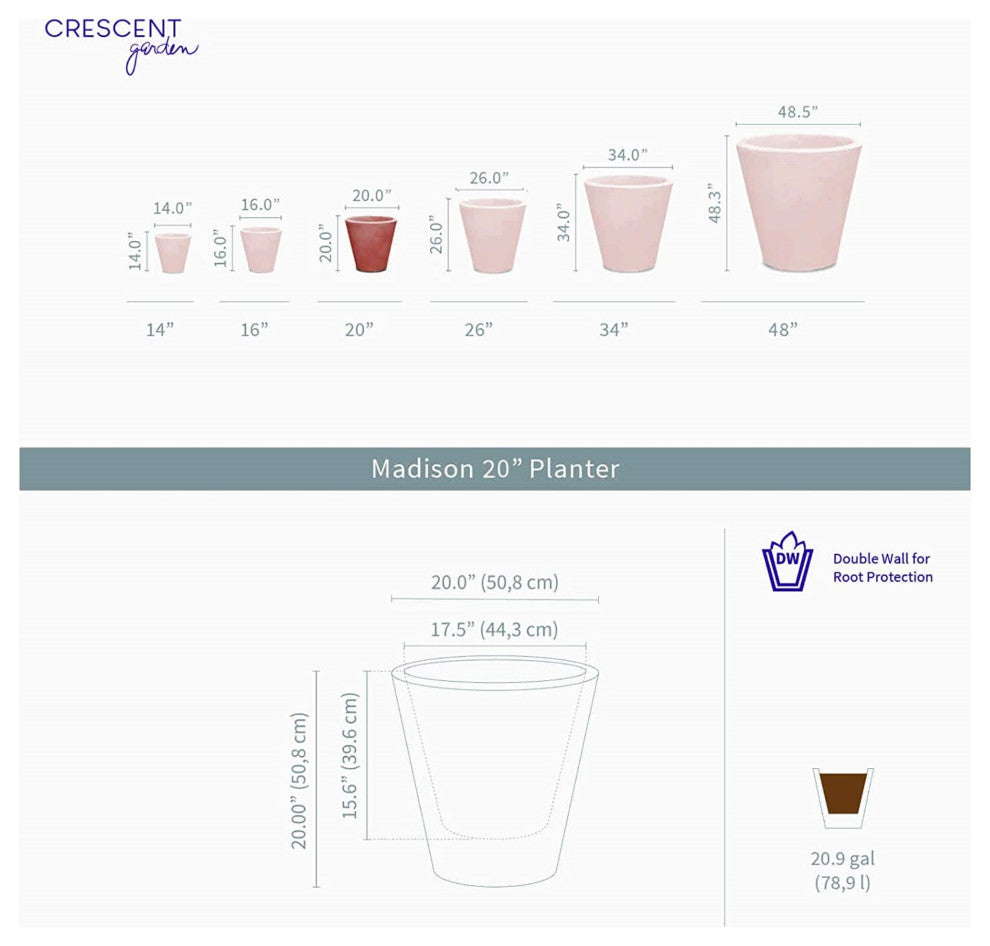 Crescent Garden Madison Planter, Double-Walled Plant Pot, 20" Weatherd Terrcotta