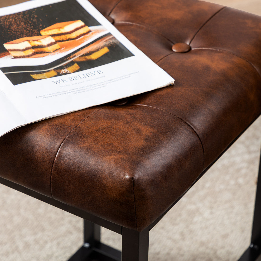 Set of 2 Button Tufted Faux Leather Counter Stools, Dark Brown, 24 in