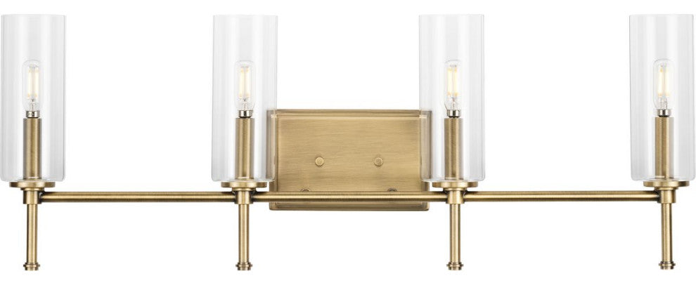 Elara Collection 31.65, 4-Light Vintage Brass Clear Glass Bath Vanity Light