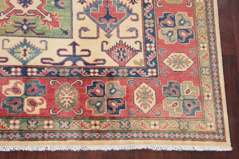 Kazak Oriental Traditional Area Rug Handmade Pakistani, Beige, 8'10"x6'0