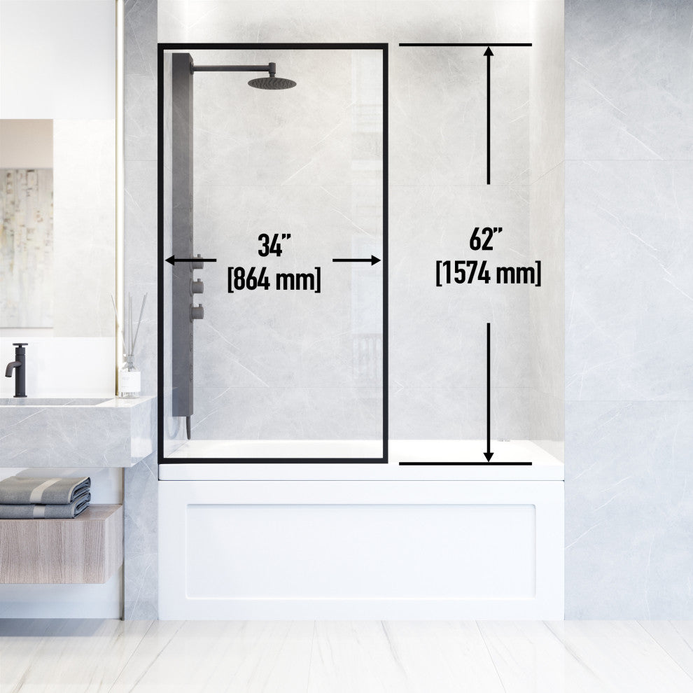VIGO Meridian Framed Fixed, Matte Black, Tub Screen, 34" W X 62" H, Clear Glass