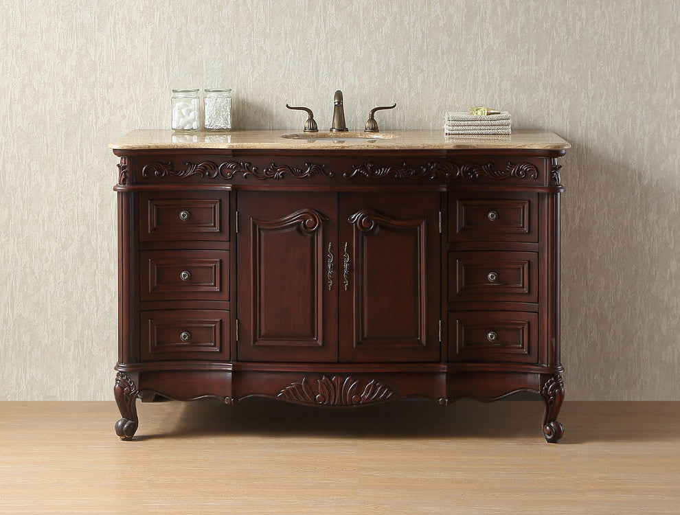 56" Princeton Single Sink Bathroom Vanity, Travertine Marble Top