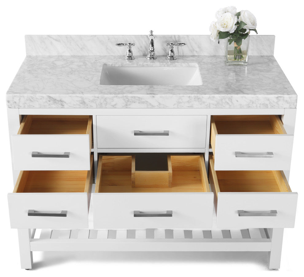 Arcadia Bath Vanity, White, 48", Brushed Nickel Hardware, Single, Freestanding