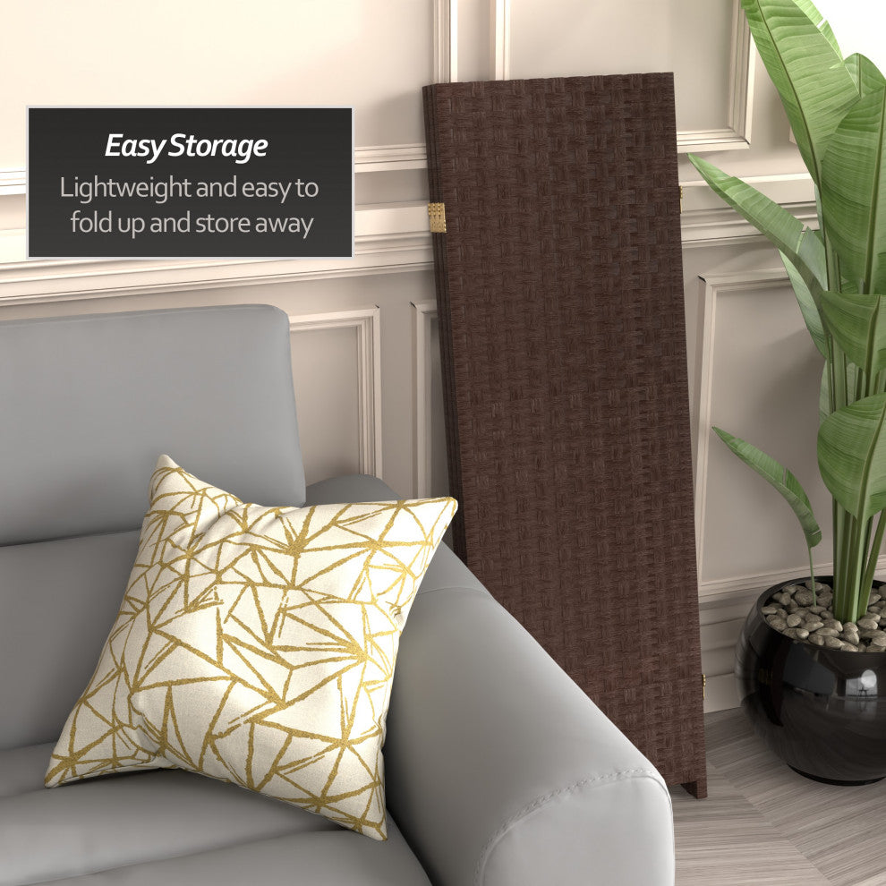 4' Tall Woven Fiber Room Divider, Dark Mocha, 3 Panel