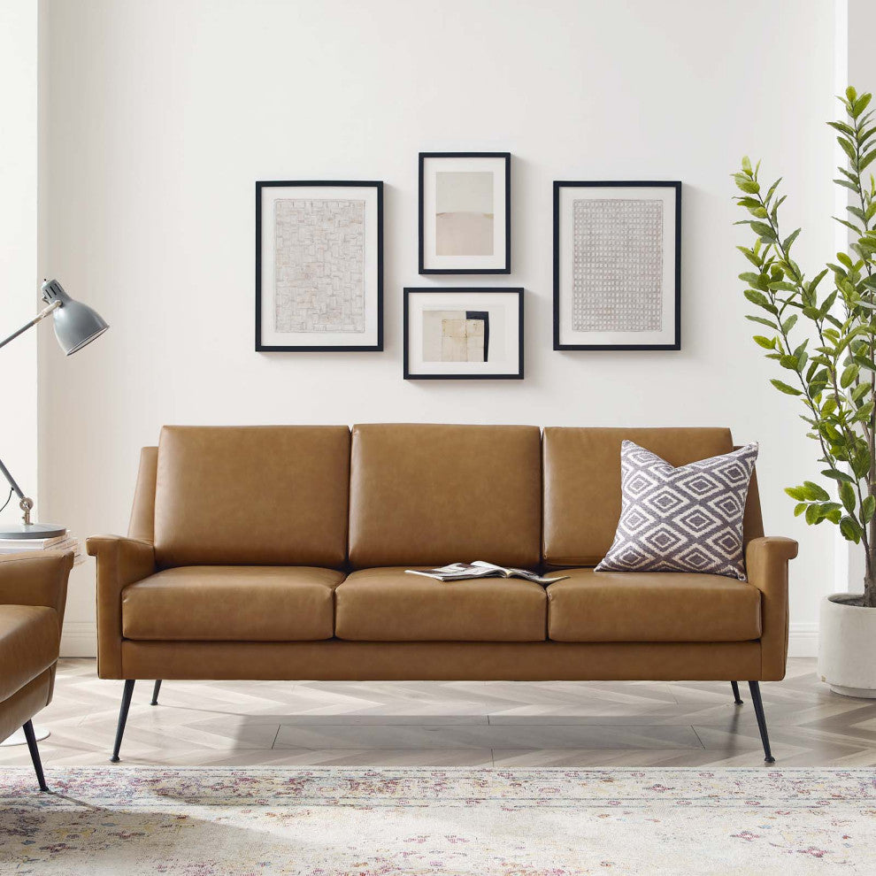 Sofa, Faux Vegan Leather, Black Tan, Modern, Living Lounge Hotel Hospitality