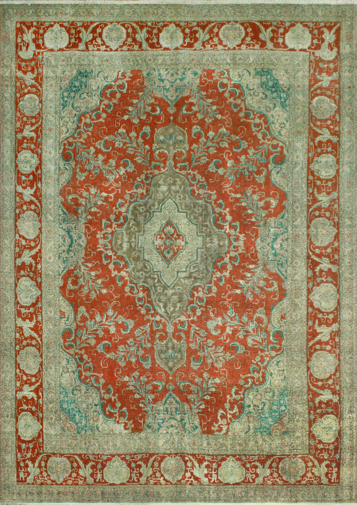 Vintage Distressed Kufuo Rust/Beige Rug, 9'4x13'7