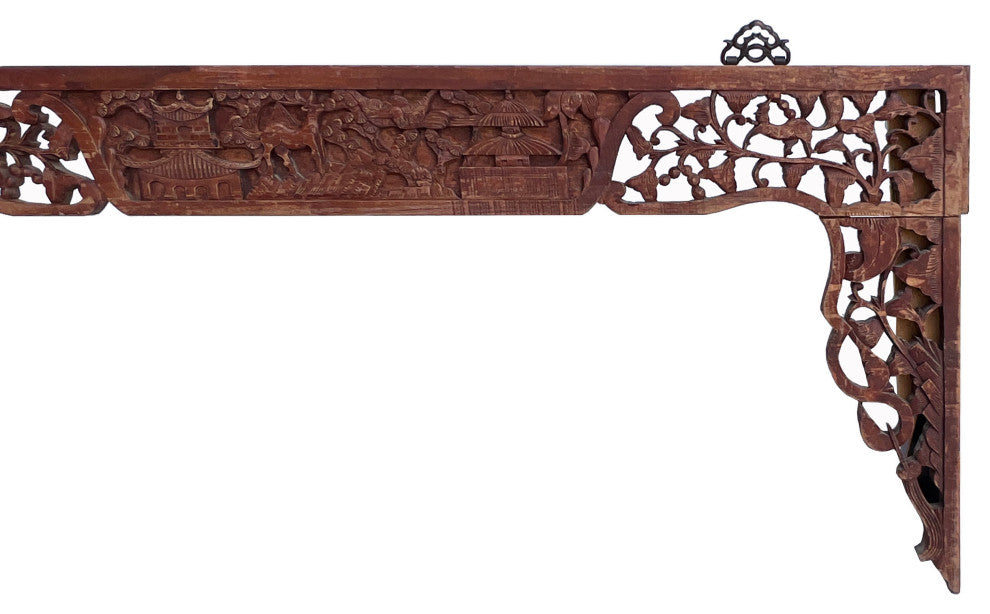 Chinese Vintage Relief Scenery Carving Arch Shape Wood Wall Art Hws3117