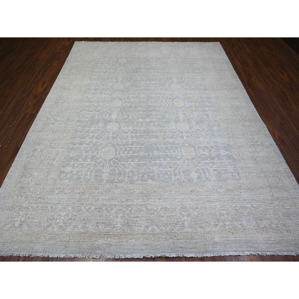 Chrome Gray Khotan Pomegranate Wool Hand Knotted Oriental Rug, 7'11"x9'10"