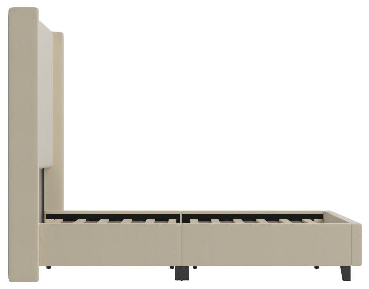 Quinn Upholstered Platform Bed with Channel Stitched Wingback Headboard, Beige, Full