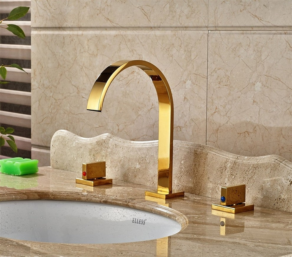 Chile Gold Long Neck Dual Handle Deck Mount Bathroom Sink Faucet