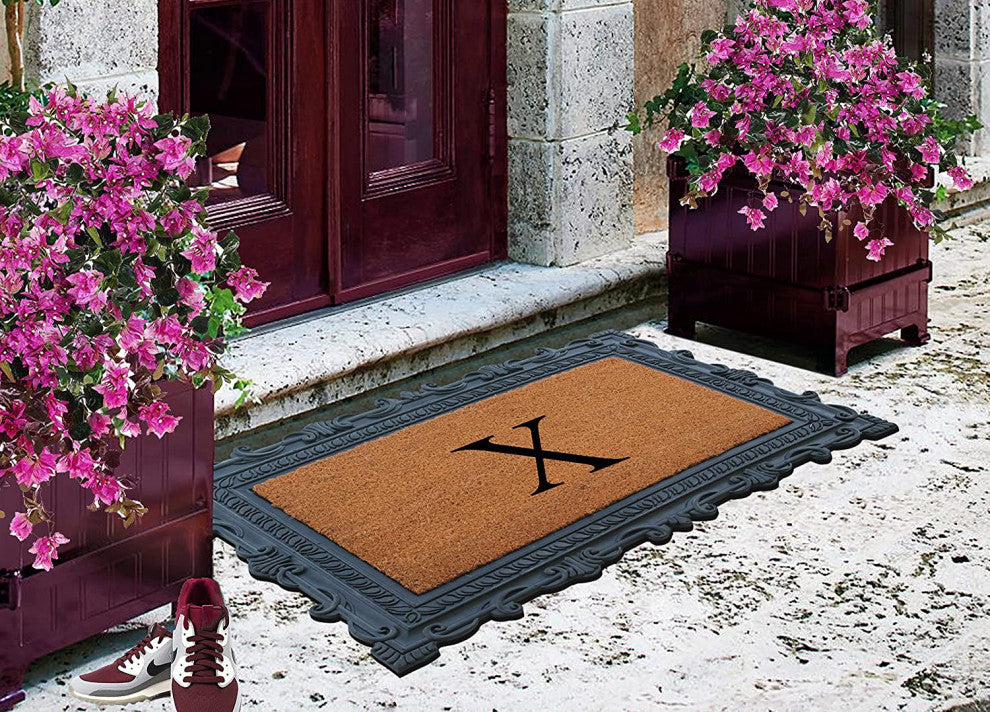 Carson Black/Beige Rubber And Coir 24"x36", Monogrammed Doormat, X