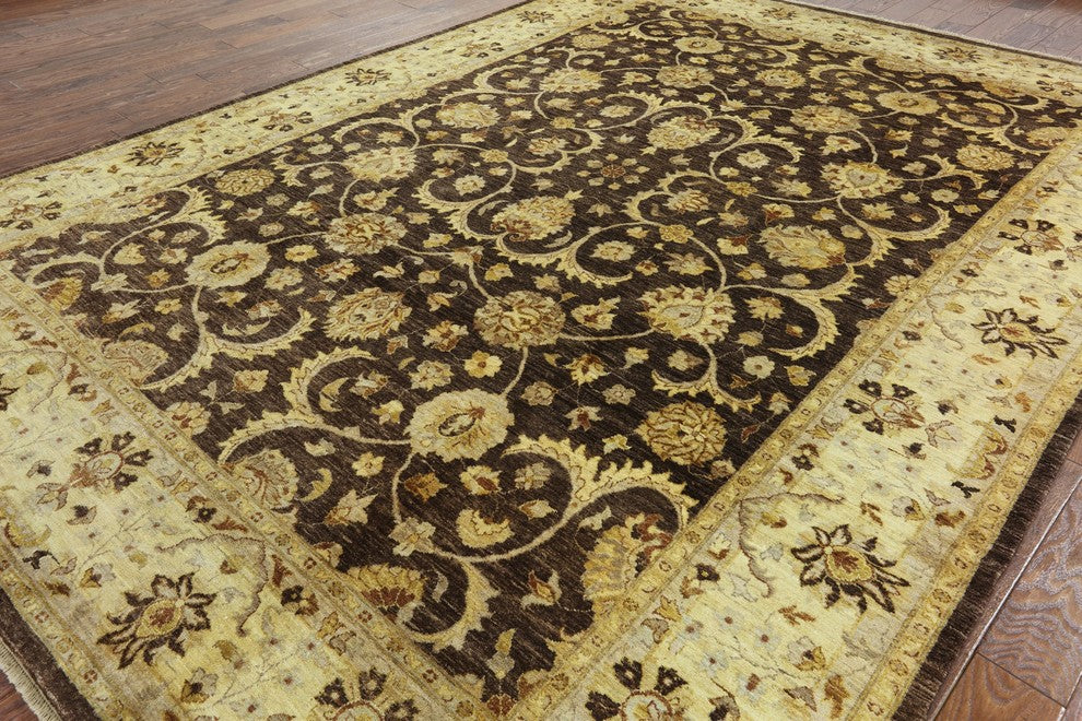 Oushak Peshawari Chobi Brown Hand-Knotted Wool Rug, 9'x12'