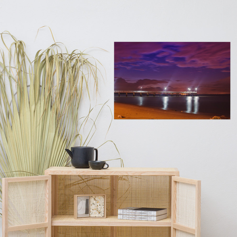 The Pier at Woodland Beach Night Coastal Photo Unframed Wall Art Print, 24" X 36"